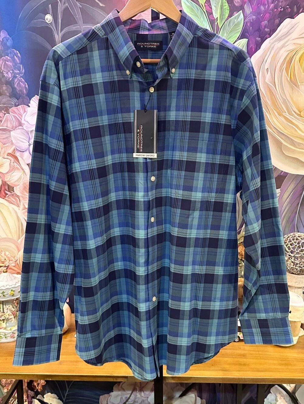 Roundtree & Yorke XL Pinpoint Oxford Plaid Button Down Shirt NWT Blue Green